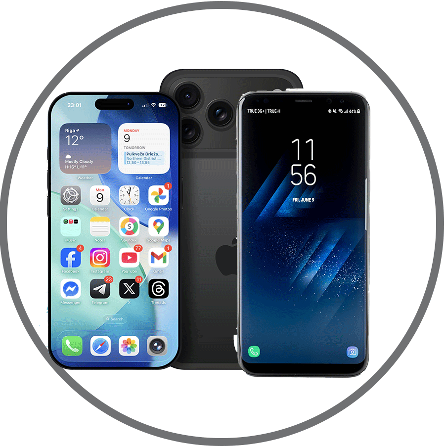 Drei Smartphones in einem Kreis
